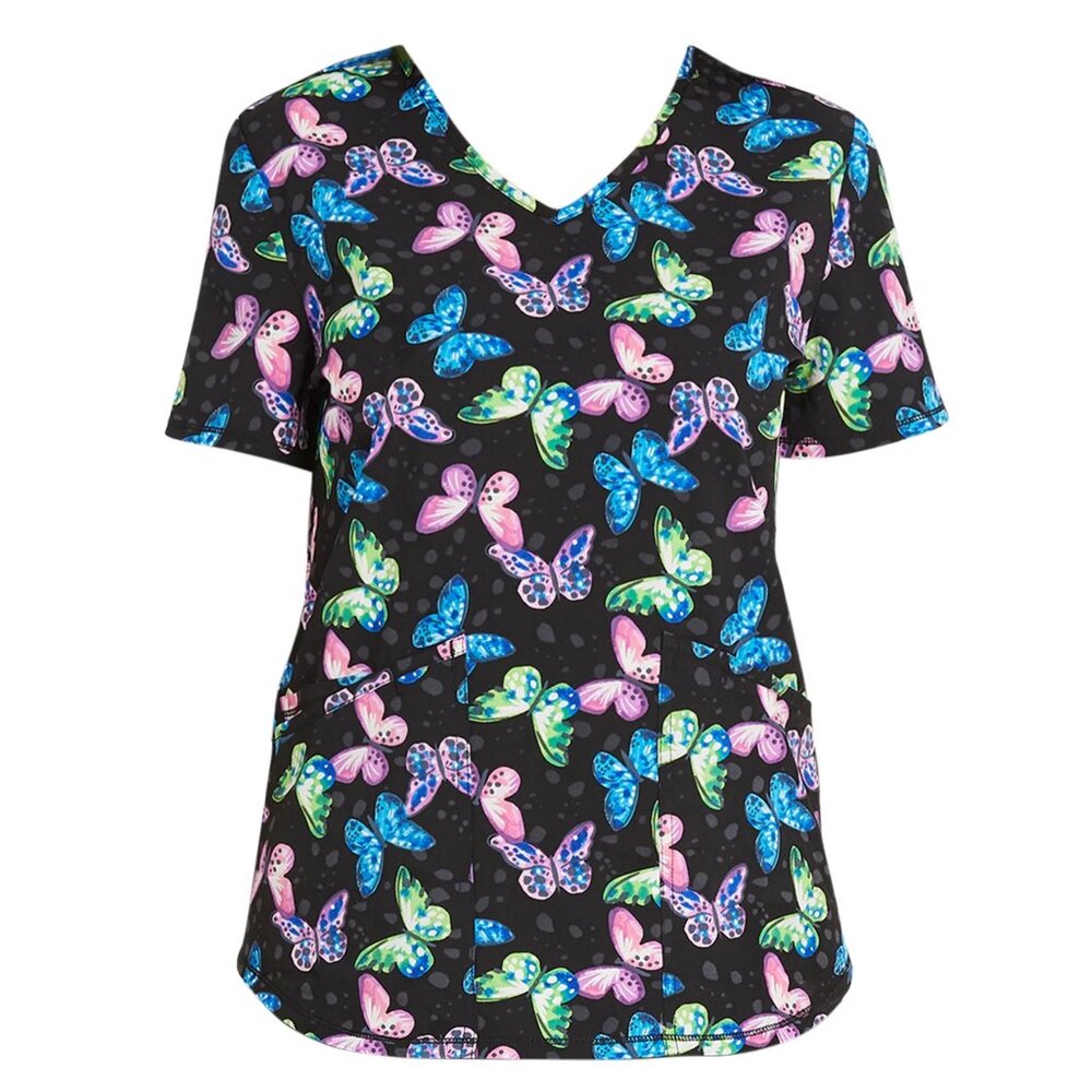 Scrubstar Black Butterfly Print V-Neck Medical Scrub Top